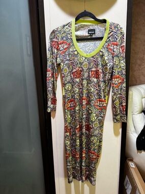 Just Cavalli Floral Long Sleeve Midi Dress in Red, Yellow, Green